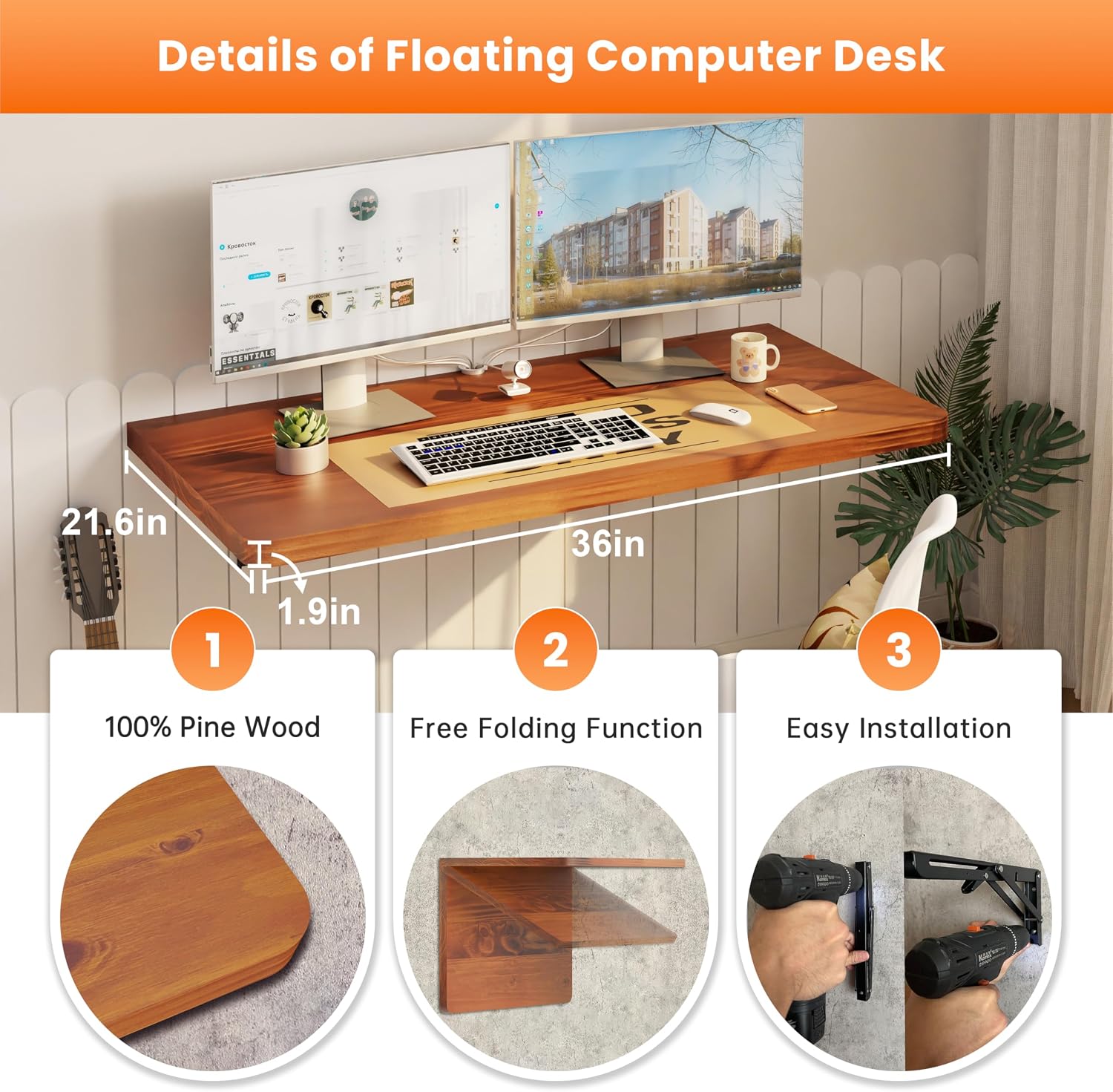 IAE Floating Wall Mounted Folding Table Desk with Pine Wood,36" x 22" Folding Workbench,Fold Down wall Mounted Foldable Table with Shelf Brackets,Laundry Folding Table for Apartment,Home,Kitchen,Teak