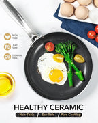 MICHELANGELO Ceramic Frying Pan - 10 Inch Frying Pan Nonstick with Lid, Non-Toxic Skillet with Stainless Steel Handle, Nonstick Skillet, Black