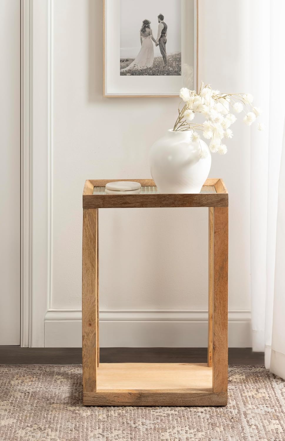 Kate and Laurel Keating Modern Rectangle Mango Wood End Table, 16 x 10 x 24, Clear Glass and Natural Wood, Decorative Contemporary Ribbed Glass Side Table for Bedroom Nightstand or Living Room Accent