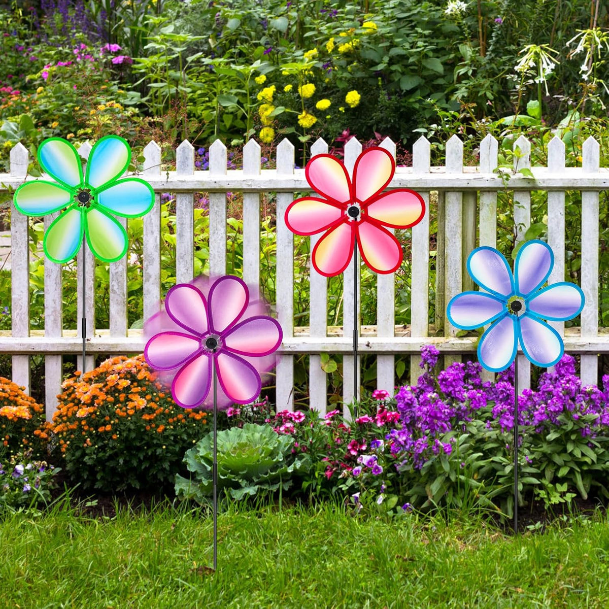 4PCS Wind Spinners for Yard and Garden 11 Inches Colorful Lawn Pinwheels Flower Wind Spinners Decorative Whirligigs Windmill Kids Toys for Garden Outdoor Decor Gifts