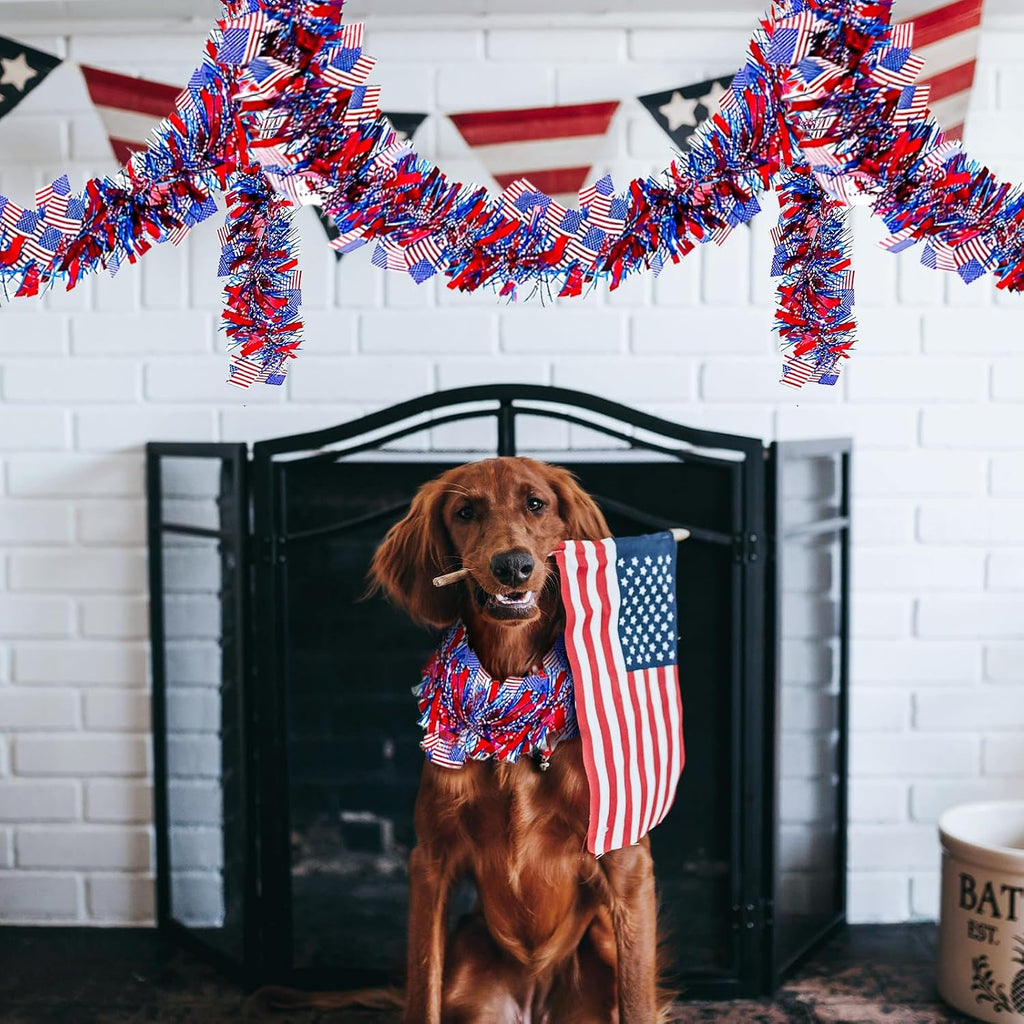 4 Pack 26.4 ft Red White Blue Patriotic Tinsel Garland with American Flags, Metallic Foil Fringe Banner Streamers for 4th of July, Memorial Day, Veterans Day, Independence Day, and Parade Decorations