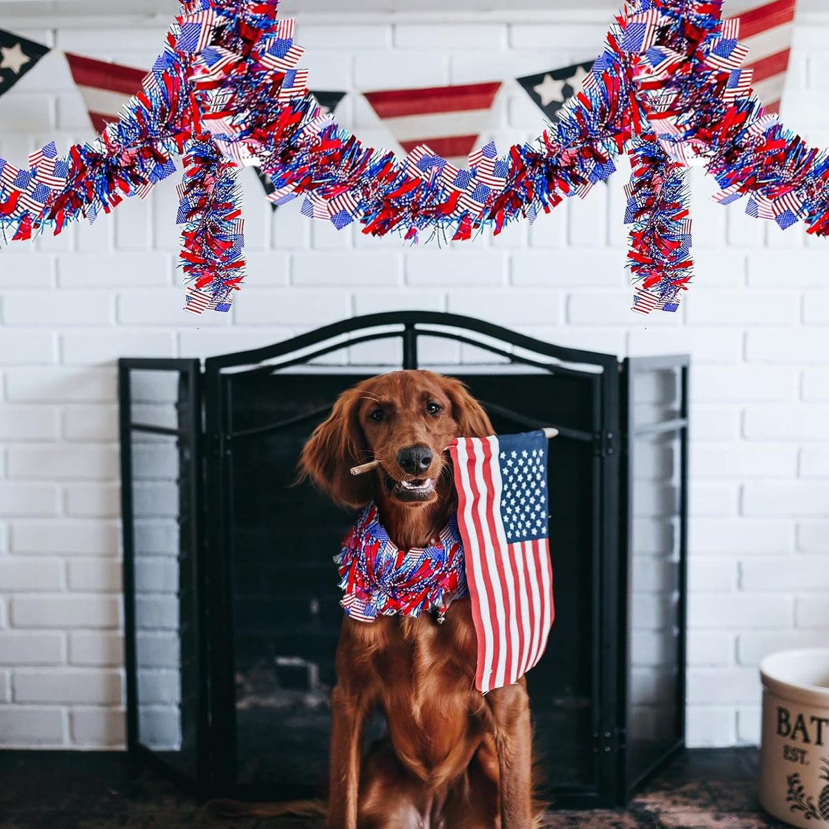 4 Pack 26.4 ft Red White Blue Patriotic Tinsel Garland with American Flags, Metallic Foil Fringe Banner Streamers for 4th of July, Memorial Day, Veterans Day, Independence Day, and Parade Decorations