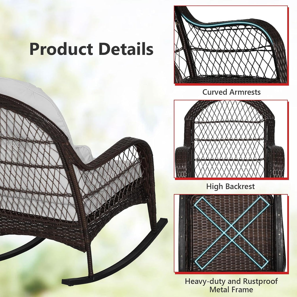 Tangkula Outdoor Wicker Rocking Chair, Patio Rattan Rocker with Seat Back Cushions & Waist Pillow, Sturdy Metal Frame, Mix Brown Outdoor Rocker for Balcony, Porch, Backyard