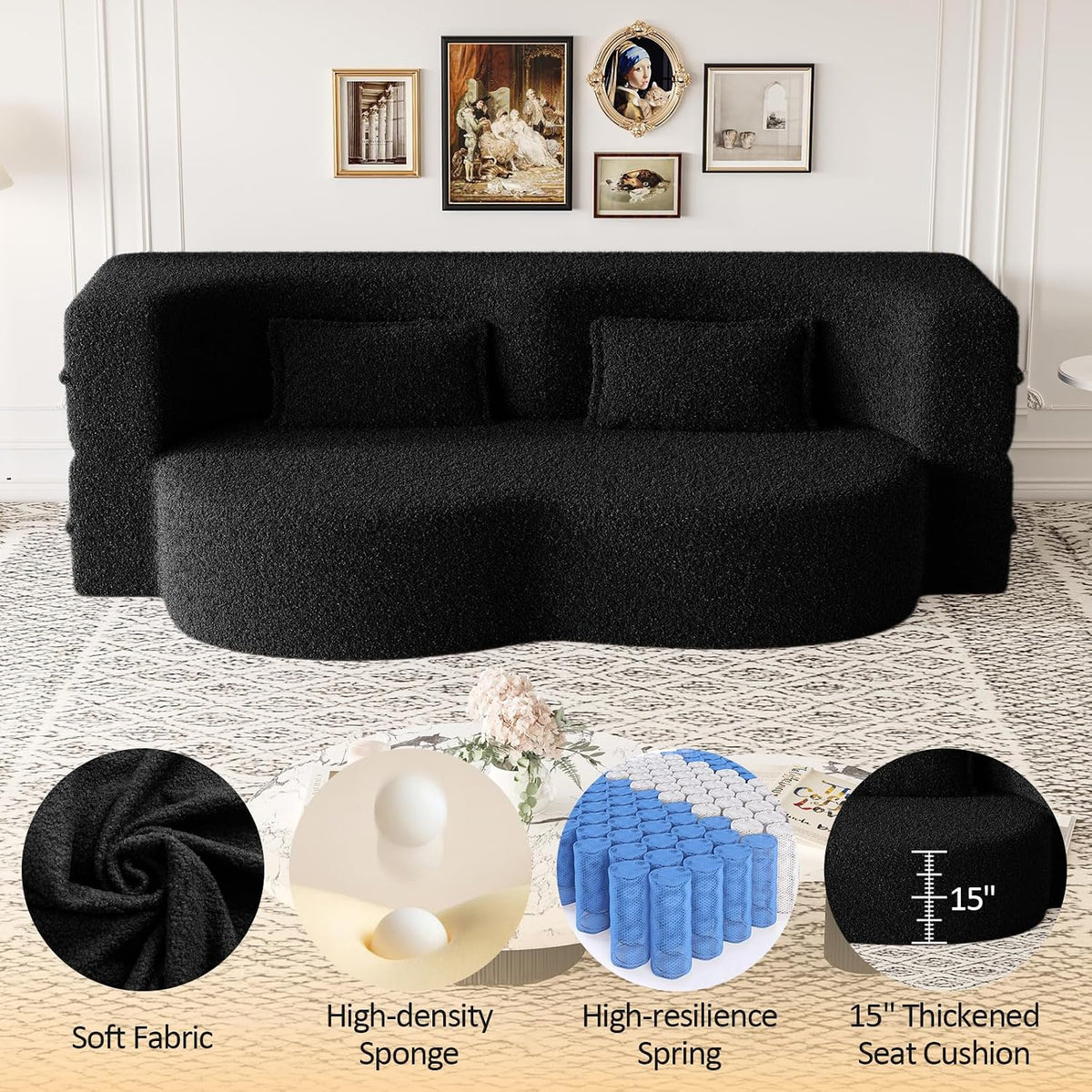 CAPCAEK Folding Sofa Bed,15" Full Size Couch for Living Room, Teddy Fabric Foam-Filled, Convertible Loveseat Sleeper Sofa Bed (Black-Teddy)