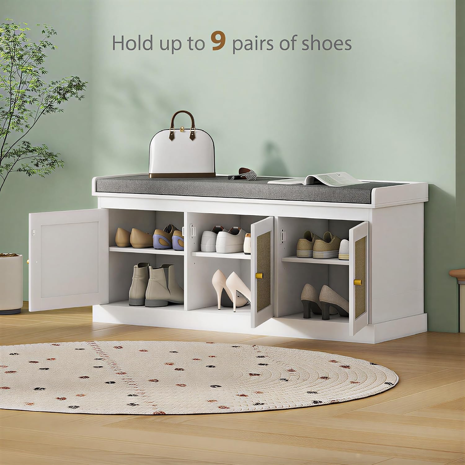 HOMCOM Shoe Bench with Woven Rattan Doors, Shoe Storage Bench with Cushion, Adjustable Shelves for 9 Pairs, Boho Style Entryway Bench for Bedroom, Living Room, 13.8 x 41.3 x 18.5 Inches, White