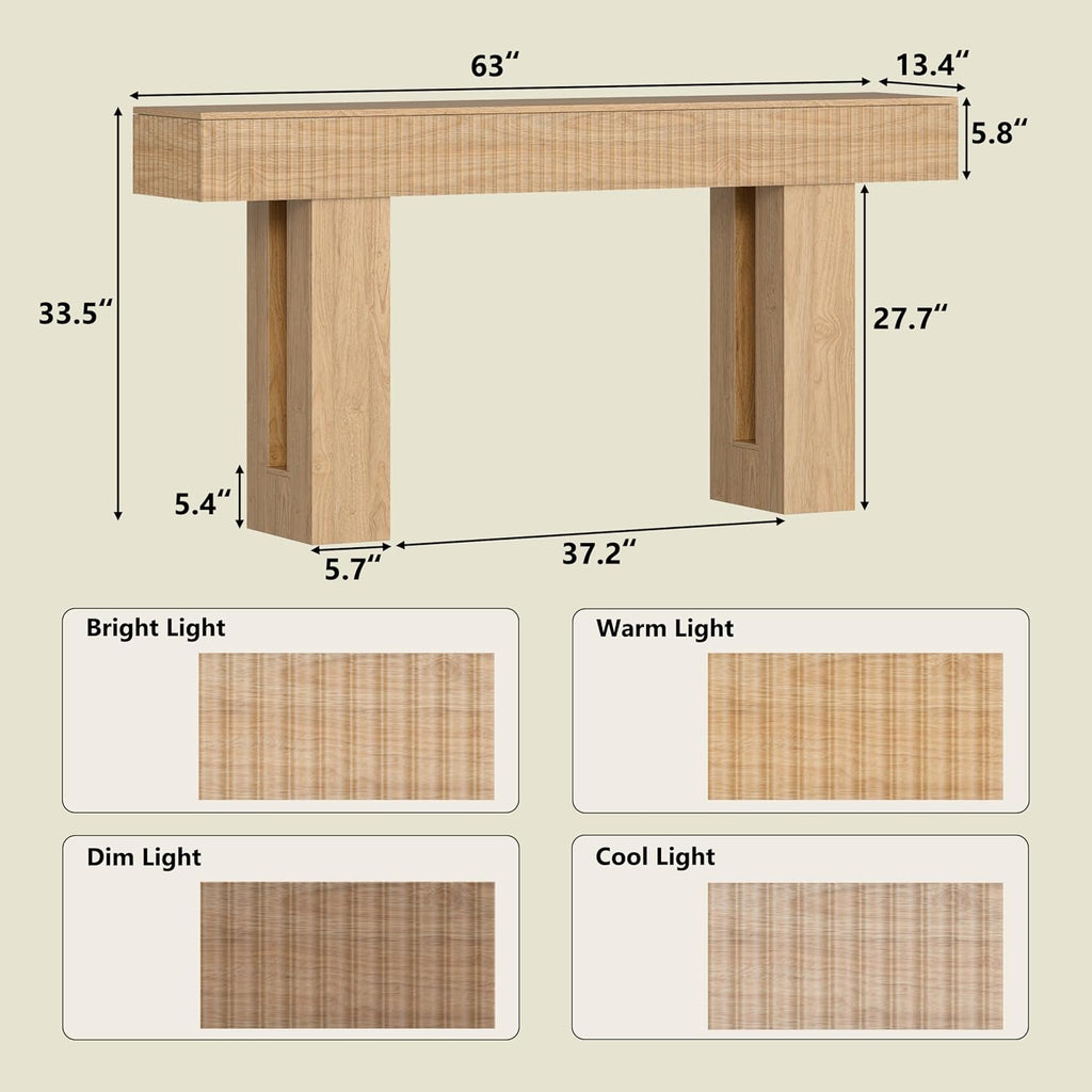 63-Inch Long Entryway Console Table with a Fluted Design, Thick Wood Farmhouse Sofa Table Behind Couch, Narrow Hallway Accent Table for Living Room, Foyer, Entrance, Natural Oak