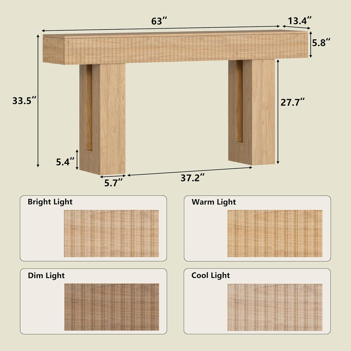63-Inch Long Entryway Console Table with a Fluted Design, Thick Wood Farmhouse Sofa Table Behind Couch, Narrow Hallway Accent Table for Living Room, Foyer, Entrance, Natural Oak