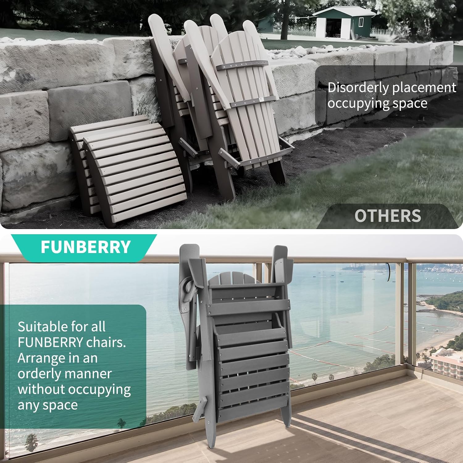 Folding Adirondack Ottoman Set of 2, Outdoor Foot Rest, Patio Footstool | Portable, HDPE All Weather, Easy Storage, No Rot or Rust or Crack, Fade Shield, Save Space, Easy-Clean for Indoor or Outdoor