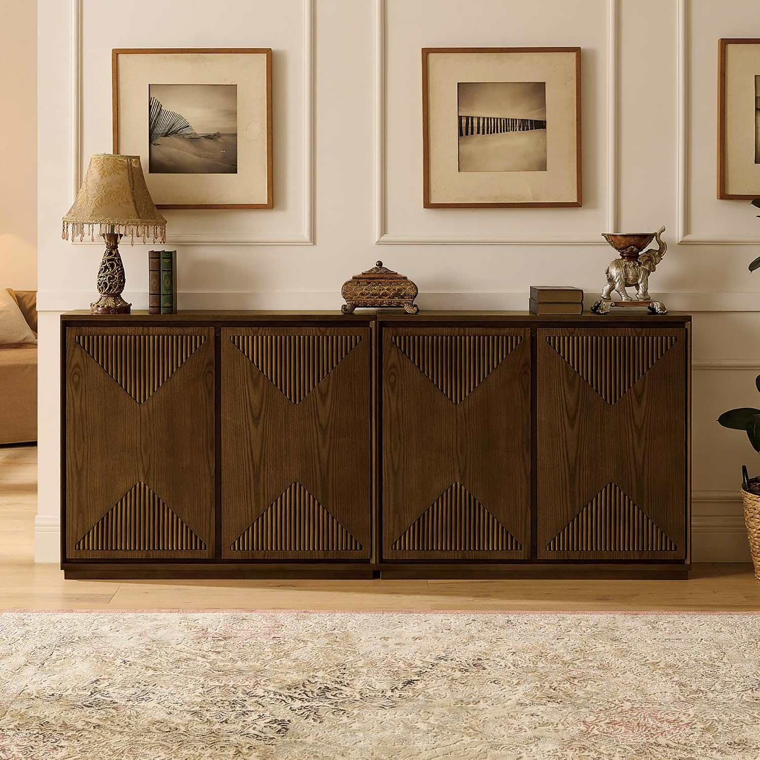 LKTART Mid Century Modern Sideboard Buffet Storage Cabinet with Doors and Shelves,Wood Coffee Bar Storage Cabinets for Kitchen, Dining Room, Living Room-Brown Walnut