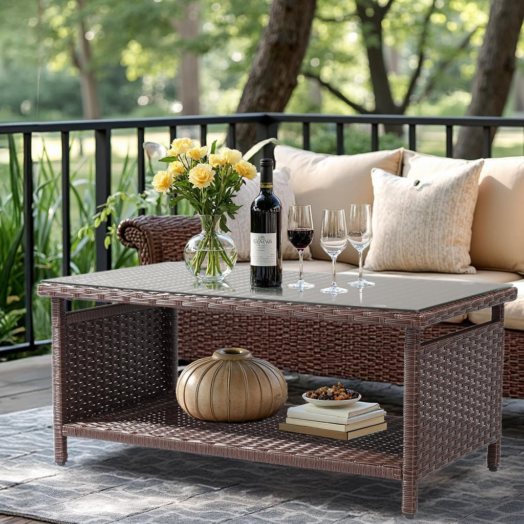 VINGLI Outdoor Wicker CoffeeTable Patio Coffee Tables for Outside, Tempered Glass Top Wicker Table with Storage Coffee Table for Patio Balcony Porch Deck (Brown)