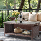 VINGLI Outdoor Wicker CoffeeTable Patio Coffee Tables for Outside, Tempered Glass Top Wicker Table with Storage Coffee Table for Patio Balcony Porch Deck (Brown)