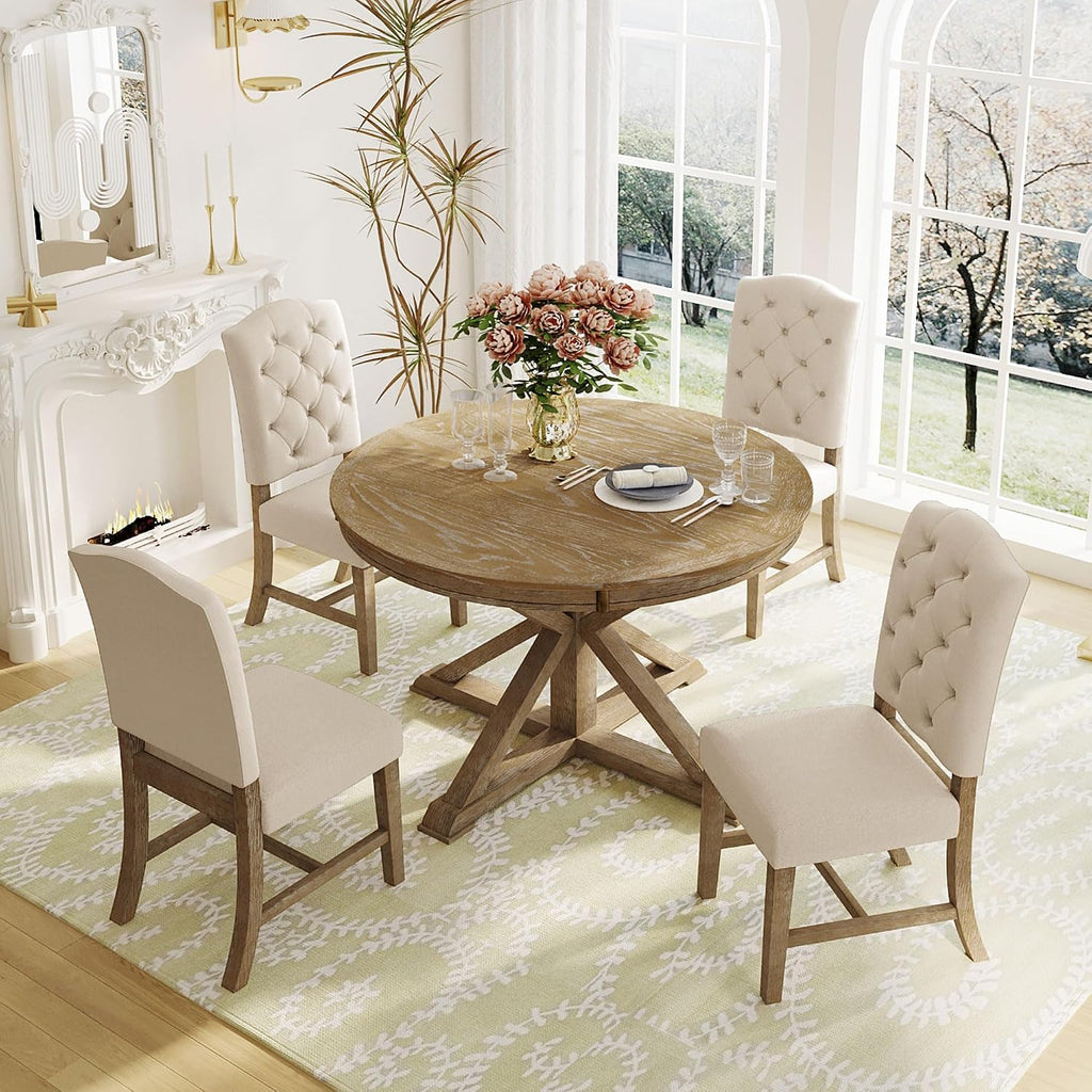 LUMISOL Round Dining Table Set for 4, Farmhouse Kitchen Table Set with Extendable Round Dining Table & 4 Upholstered Chairs, 5-Piece Solid Wood Table and Chairs Set for Dining Room, Natural