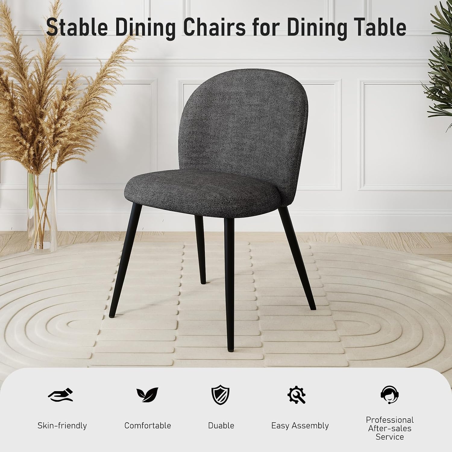 Dining Chairs Set of 2, Upholstered Chenille Dining Room Chairs with Black Metal Legs, Modern Armless Kitchen Chairs with Curved Backrest for Dining Room Kitchen Living Room, Black