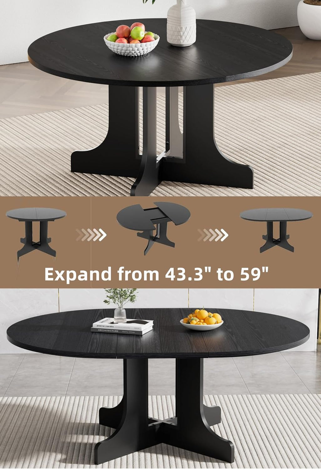 Henf 5 Piece Round Extendable Dining Table Set for 4, 43"-59" Wood Oval Expanding Kitchen Table with 4 Chairs, Space Saving Extendable Dining Room Tables with Pedestal Base (Black & Gray)