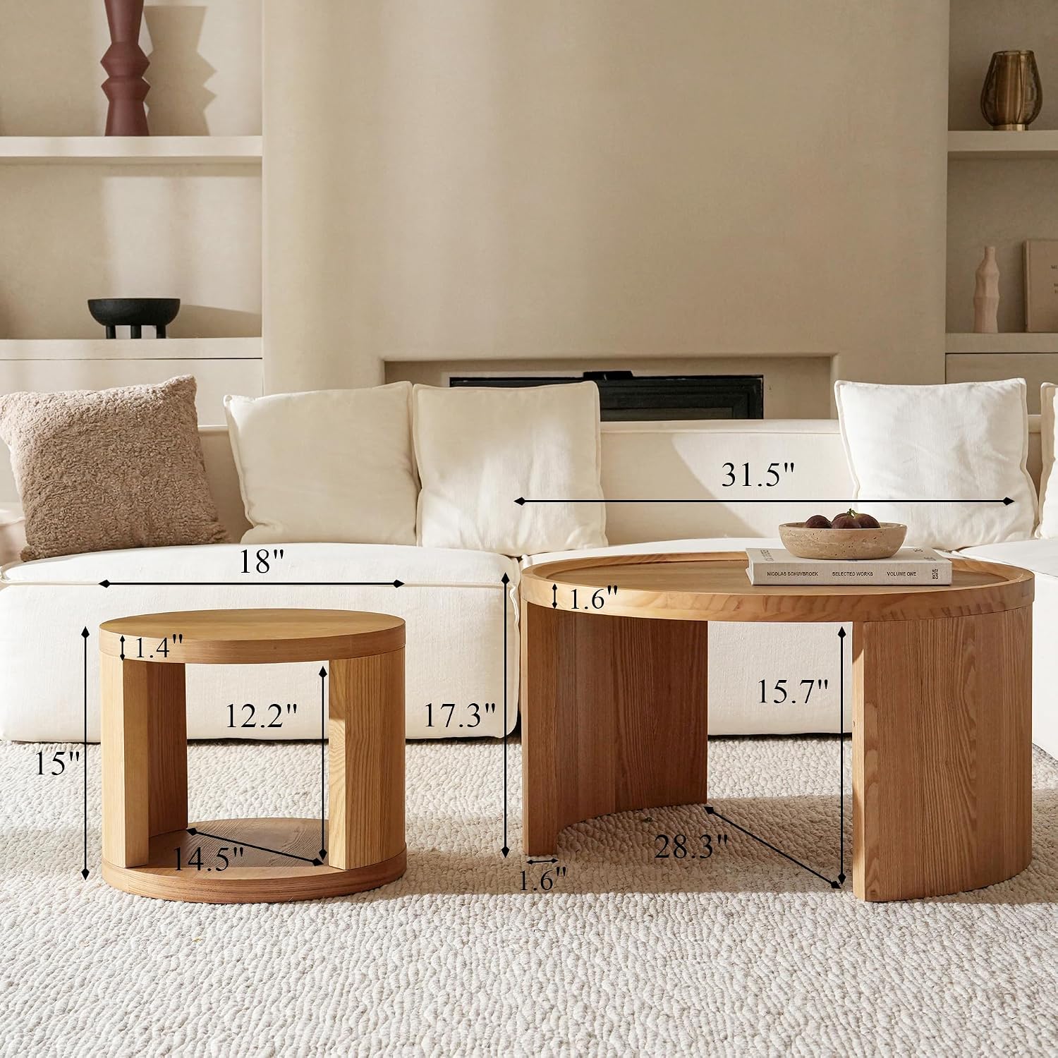 Round Nesting Coffee Table Set of 2, Brown, Wood Top | Modern wood-top tables for living rooms, bedrooms, and apartments