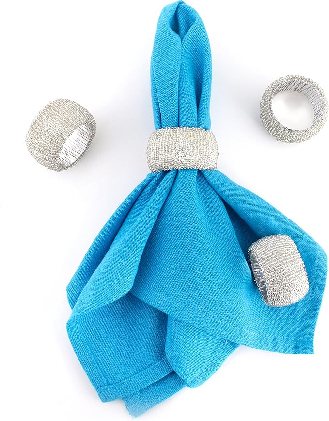 Decorative Beaded Napkin Rings Set of 12 - Rhinestone Serviette Holder for Table Décor, Christmas, Thanksgiving, Weddings, Parties, Artisan Festive Luxury Dining Napkin Holders (Silver) - CLEENTABLE