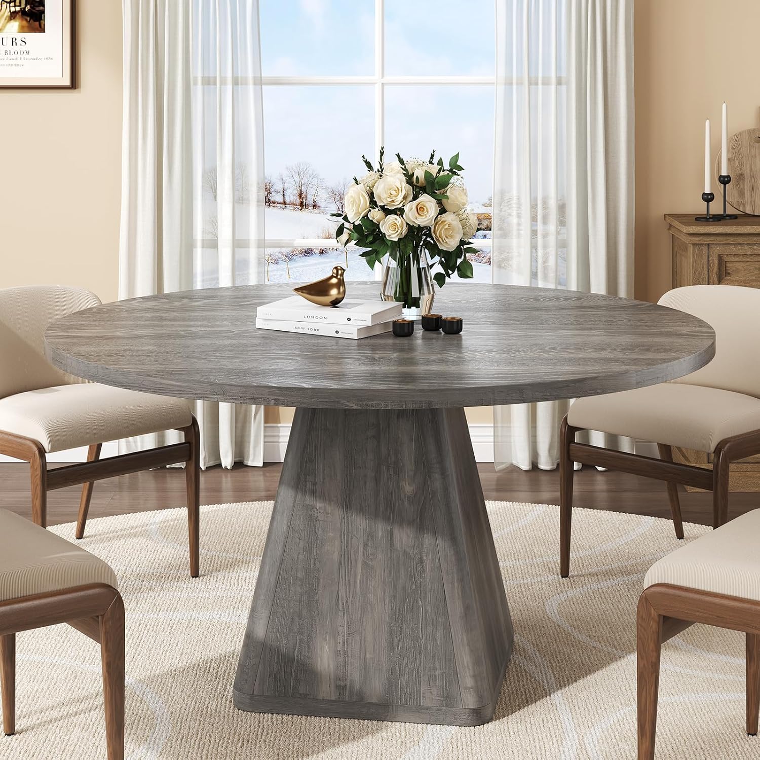ONBRILL 47 Inch Round Dining Table for 4-6,Square Pedestal Base,Grey | Circle Kitchen Table with Thickened Tabletop, Modern Dining Room Tables, Dinner Tables for Kitchen Small Space (Table Only)