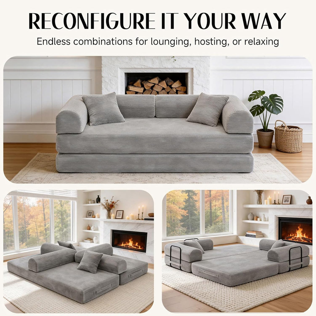 79'' Convertible Sofa Bed, Couch-in-a-Box, Corduroy Floor Futon Loveseat Sleeper, 26'' Deep Seat, Removable Machine-Wash Covers, No Assembly, 2 Pillows, Light Grey
