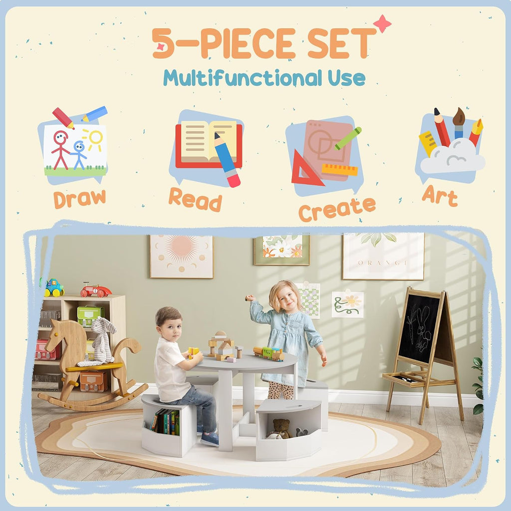 5-Piece Kids Table and Chair Set with Storage for Art and Play | Gray Activity Furniture for Drawing, Crafts, Classrooms, Nurseries, and Playrooms