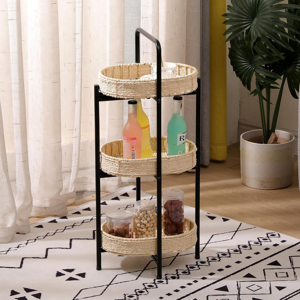 3-Tier Seagrass Woven Side Table, Oval Storage Basket with Trays,Farmhouse Coastal End Table for Living Room, Kitchen, Balcony,Foldable Shelves (Natural)