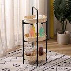 3-Tier Seagrass Woven Side Table, Oval Storage Basket with Trays,Farmhouse Coastal End Table for Living Room, Kitchen, Balcony,Foldable Shelves (Natural)