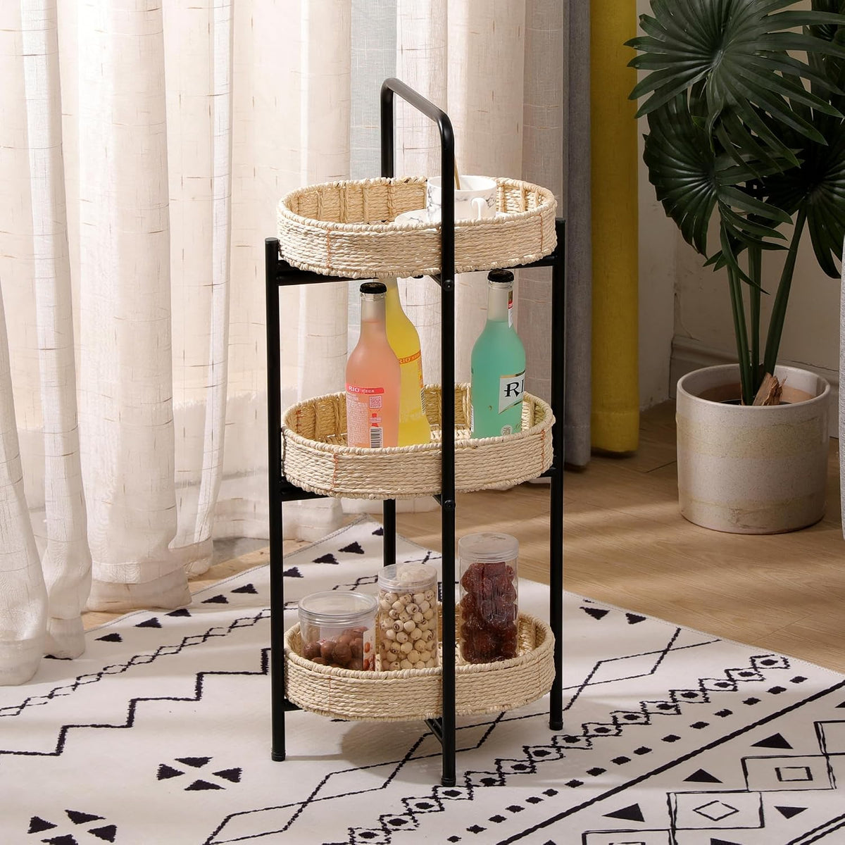 3-Tier Seagrass Woven Side Table, Oval Storage Basket with Trays,Farmhouse Coastal End Table for Living Room, Kitchen, Balcony,Foldable Shelves (Natural)