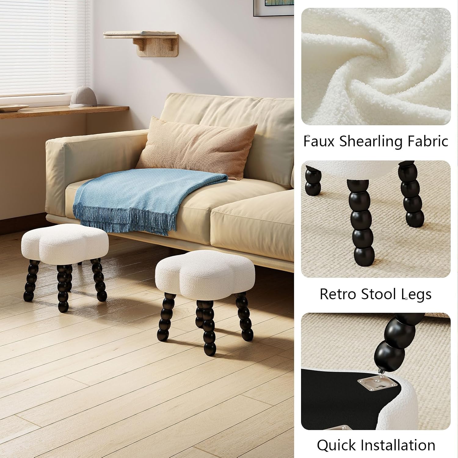 White Ottoman, Small Footrest, Clover-White | Storage Space, Unique Shaped, Wood Legs, Faux Teddy Fur