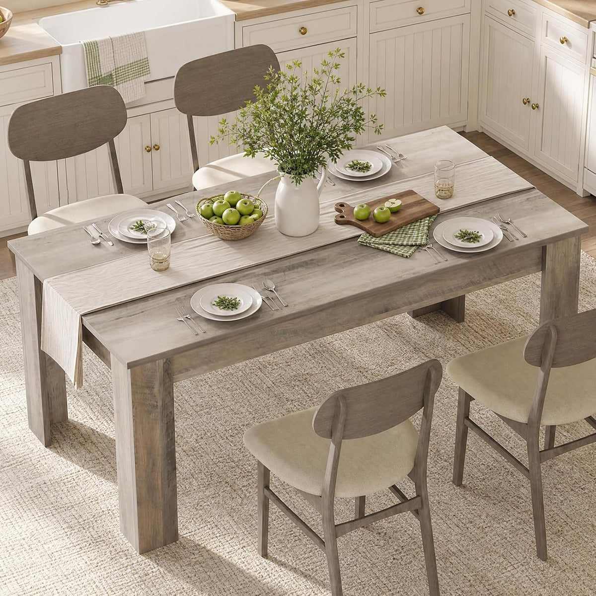 CABIHOME 63" Rectangular Dining Table for 4-6, Farmhouse Large Kitchen Table, Sturdy Frame, 4 Triangular Stable Legs, Thickened Tabletop, Ideal for Apartment, Dining Room, Small Space, Retro Gray