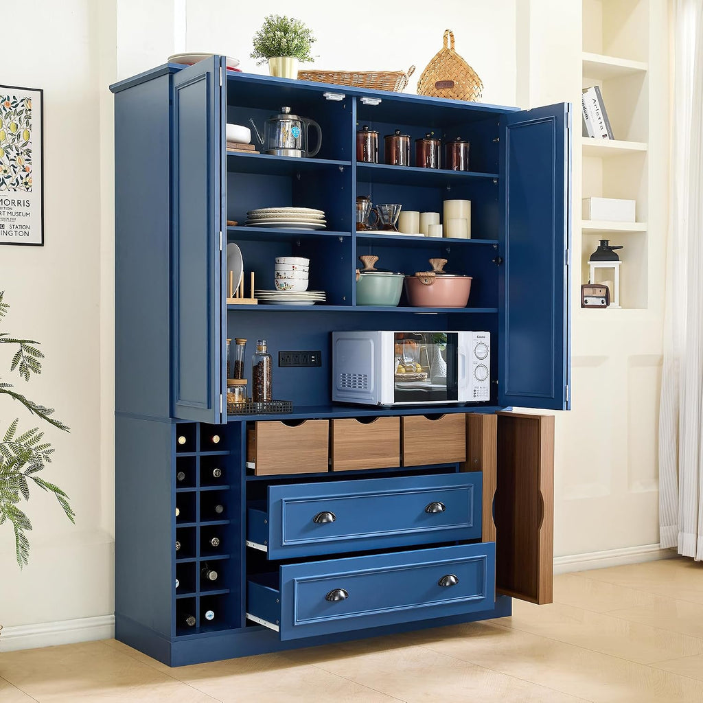 VilroCaz Farmhouse 71''H Wood Large Kitchen Pantry, 53.2''Lx17.7''W Dining Storage Cabinet Cupboard with 4 Foldable Doors, Power Outlet, Shelves, Wine Racks and Serving Trays (Blue-4 Fold)