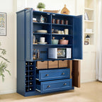 Large Kitchen Pantry Cabinet with 4 Foldable Doors and Storage Shelves, Farmhouse Freestanding Cupboard with Wine Racks, Power Outlet and Serving Trays (Blue)