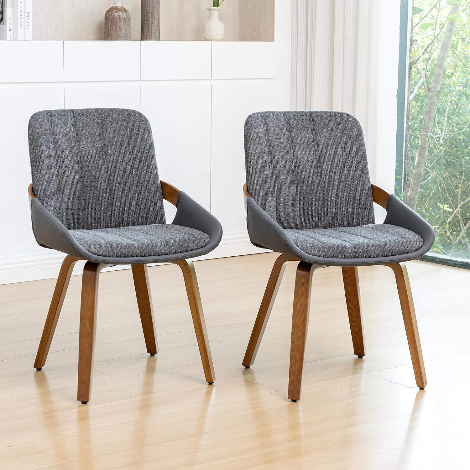Dining Room Chairs Set of 2, Mid Century Modern Gray Fabric+Faux Leather Kitchen Chairs No Arms,Bamboo Legs Side Chairs No Wheels,Accent Chair for Dining Rooms