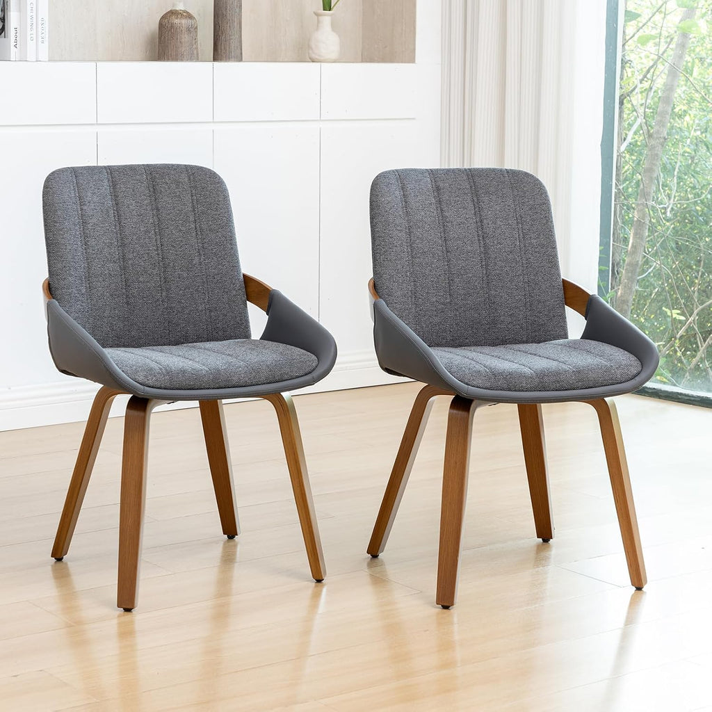 Dining Room Chairs Set of 4, Mid Century Modern Gray Fabric+Faux Leather Kitchen Chairs No Arms,Bamboo Legs Side Chairs No Wheels,Accent Chair for Dining Rooms