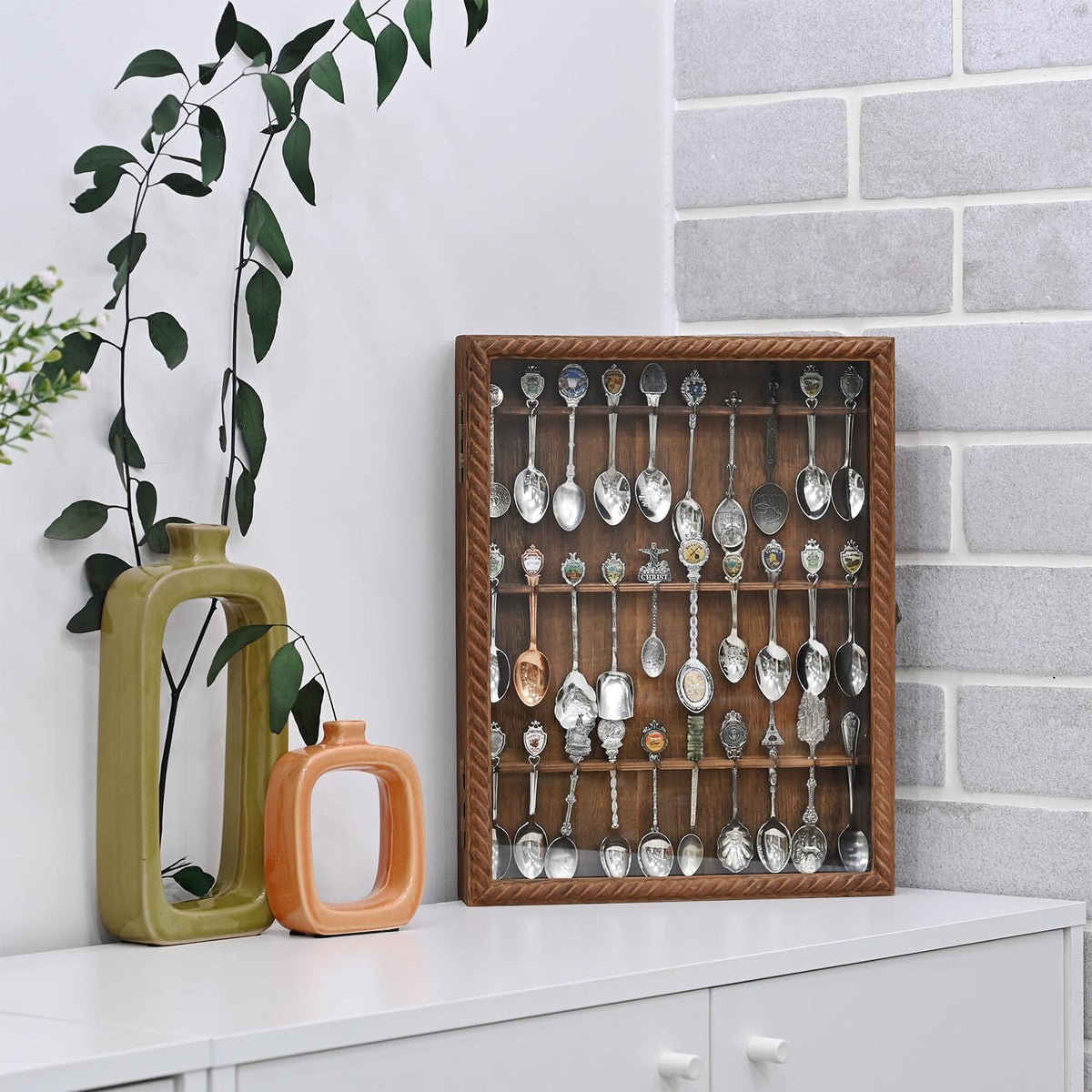 Ikee Design Wooden 30-Souvenir Spoon Display Case Cabinet, Wall-Mounted Tea Spoon Rack with Tempered Glass Door Suitable for Collection Display, Brown Color, 13.4W x 2.6D x 15.7H in