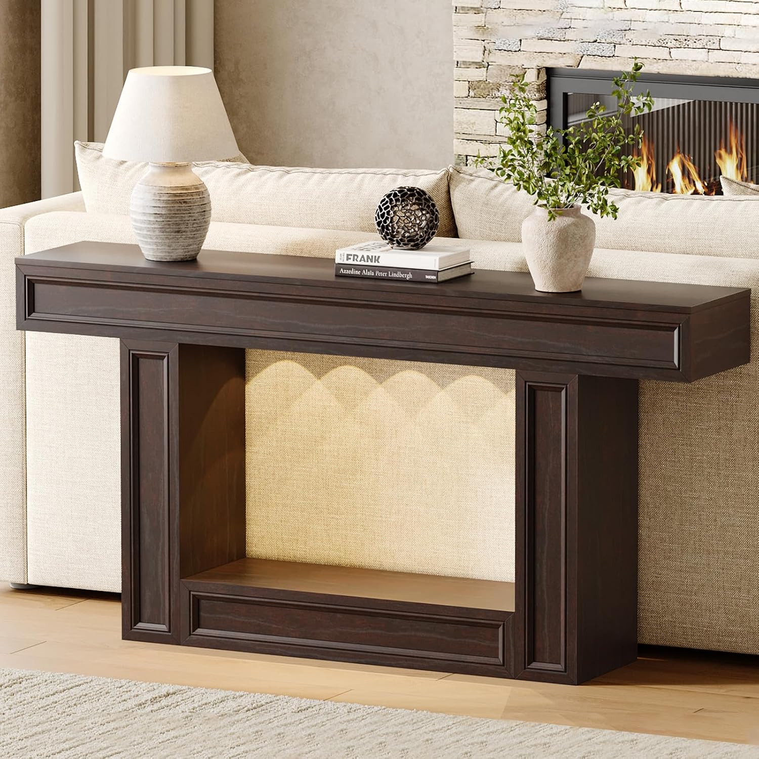 Rresyet 63" 2-Tier Entryway Console Table Behind Sofa with Sensor Lights | 2-Tier Storage Design, Sturdy U-Shape Base, Ideal for Entryway, Living Room, Corridor and Foyer