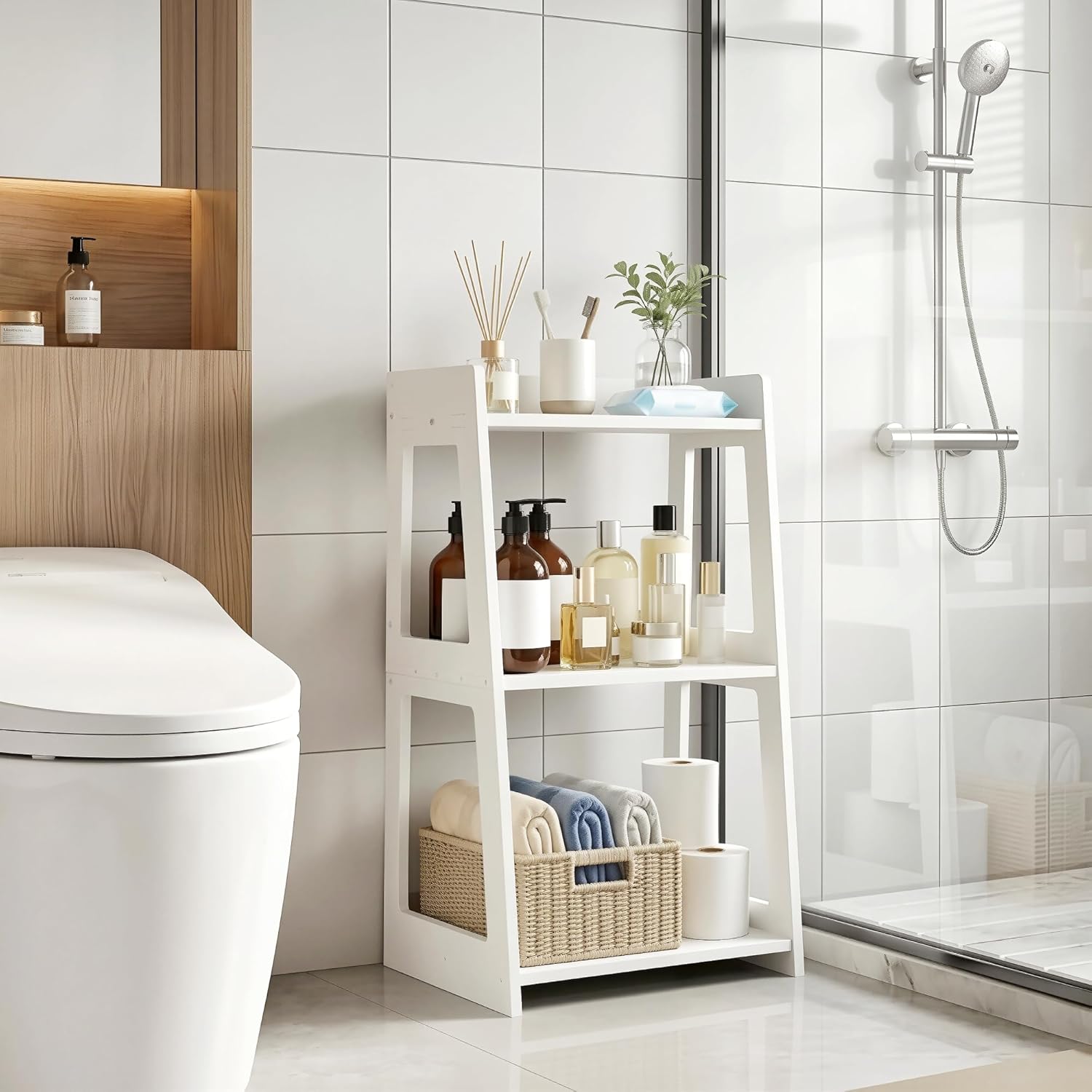 3-Tier Bathroom Ladder Shelf Freestanding, White Floor Shelves Open Shelving Unit, Small Bookshelf Nightstand for Home Study Laundry Room (11.8" D x 15.7" W x 27.6" H)