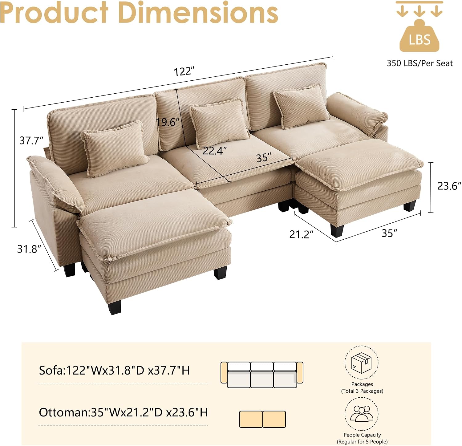 URRED Oversized Modular Sectional Sofa，Solid Khaki：122" U Shaped | Modern Comfy Cloud Couch with Movable Ottoman and Pillow, Deep Seat Couches for Living Room, Bedroom or Apartment