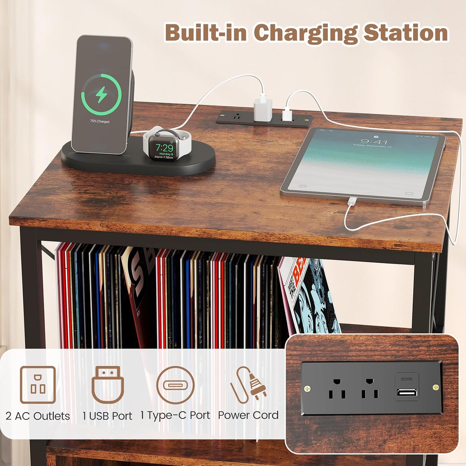 LOKO 3-Tier Rolling Record Player Stand, Mobile Turntable Stand with Power Outlet, Open Shelf & Dividers, Metal Frame, Industrial Vinyl Record Storage Table on Wheels for Living Room, Bedroom
