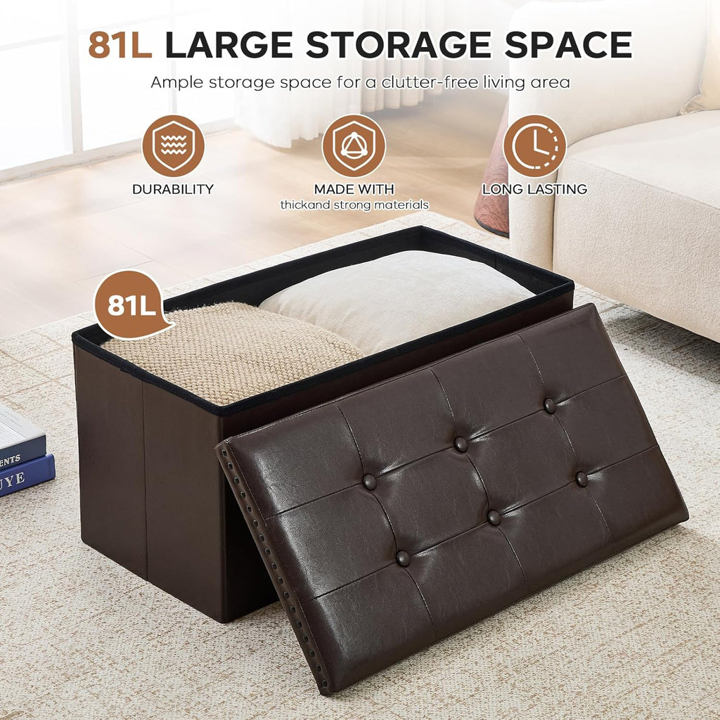 oakvivo 30 Inches Folding Storage Ottoman Bench, Ottoman PU Leather Tuffed End of Bed Bench, Foot Rest with Rivet Design, Ottoman with Storage for Living Room, Bedroom, Entryway, Coffee Brown
