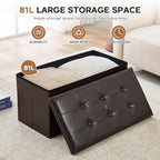 oakvivo 30 Inches Folding Storage Ottoman Bench, Ottoman PU Leather Tuffed End of Bed Bench, Foot Rest with Rivet Design, Ottoman with Storage for Living Room, Bedroom, Entryway, Coffee Brown