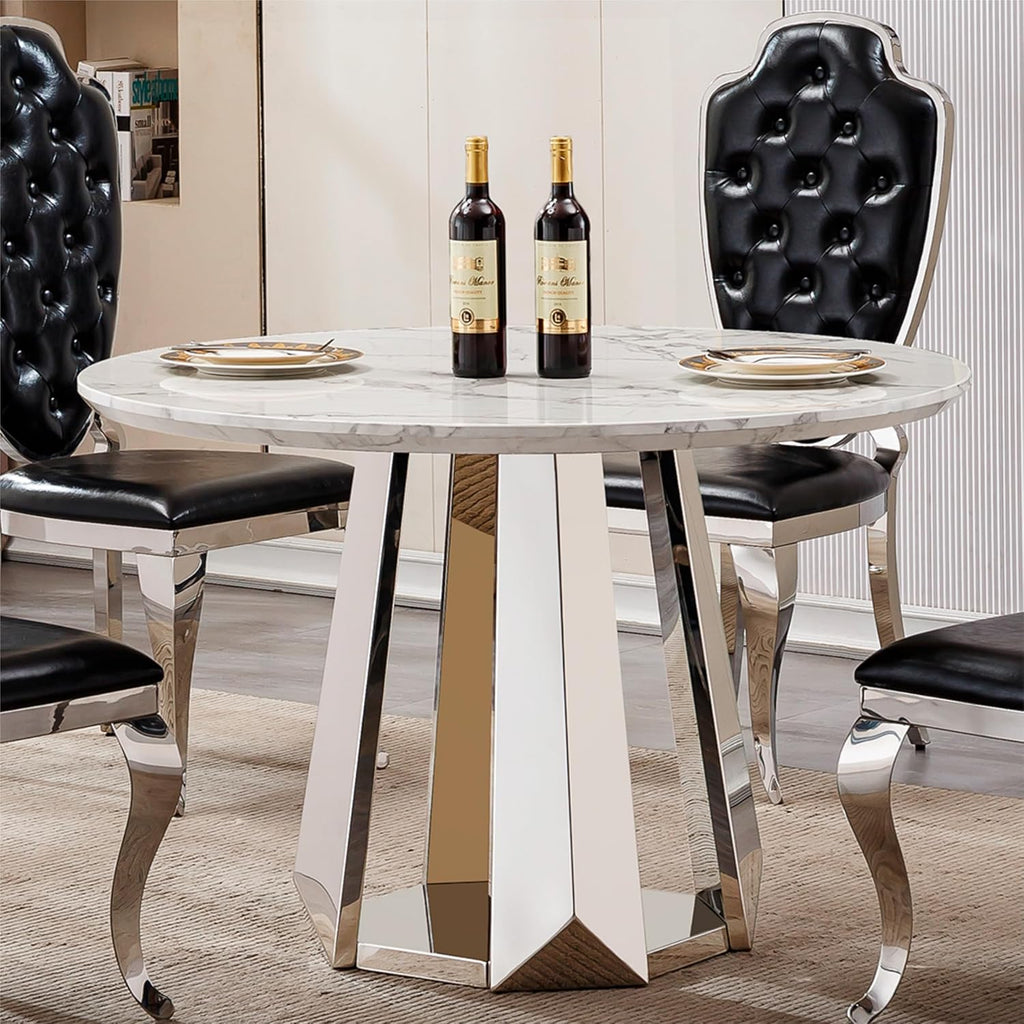 47" Round Dining Table, Mid-Century Modern Round Kitchen Table for 4-6People, High Gloss Faux Marble Tabletop and Stainless Steel Base for Dining Room, White Silver