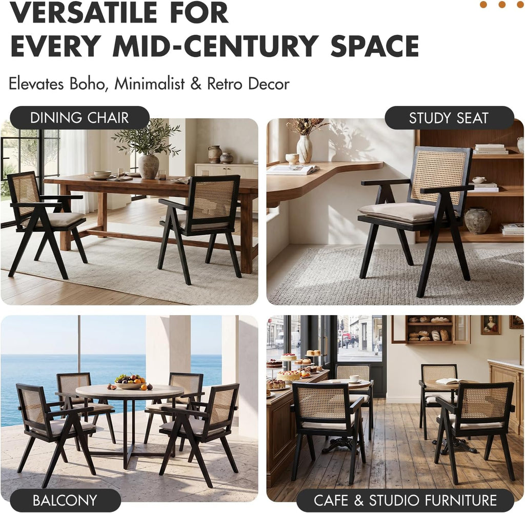 Hyfirm Rattan Dining Chairs Set of 4, Farmhouse Wicker Dining Chairs with Removable Linen Upholstered Seat Accent Cane Armchairs for Dining Room Kitchen Restaurant, Black Wood