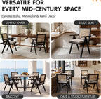 Hyfirm Rattan Dining Chairs Set of 4, Farmhouse Wicker Dining Chairs with Removable Linen Upholstered Seat Accent Cane Armchairs for Dining Room Kitchen Restaurant, Black Wood