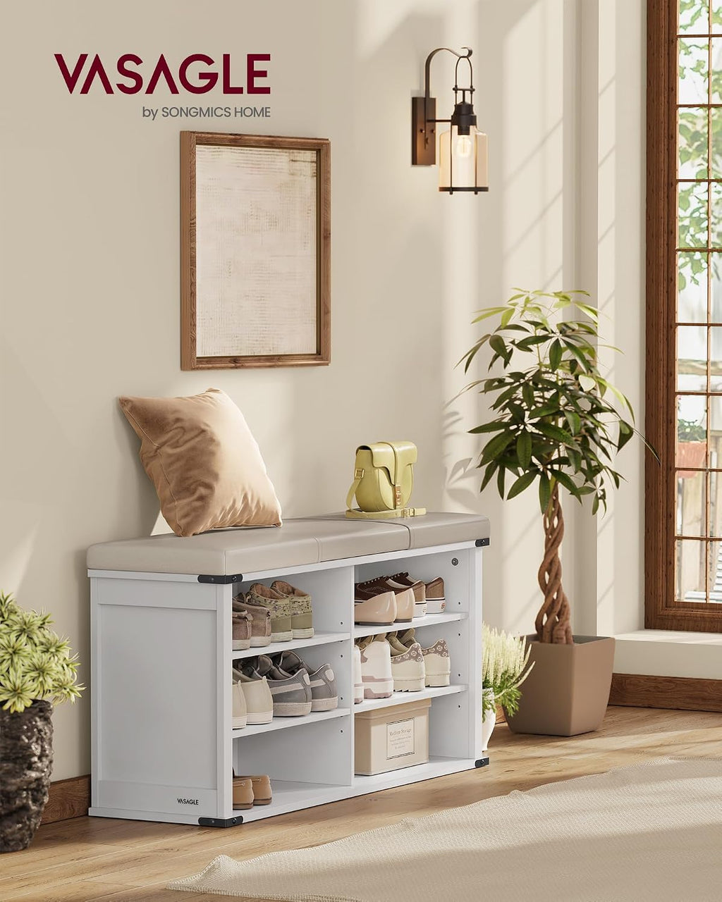 VASAGLE Shoe Storage Bench with Removable Cushion, Adjustable Shelves | Shoe Rack with Padded Seat, Entryway Bench, for Hallway, Bedroom, Cloud White, LIRY Collection ULSB105W01