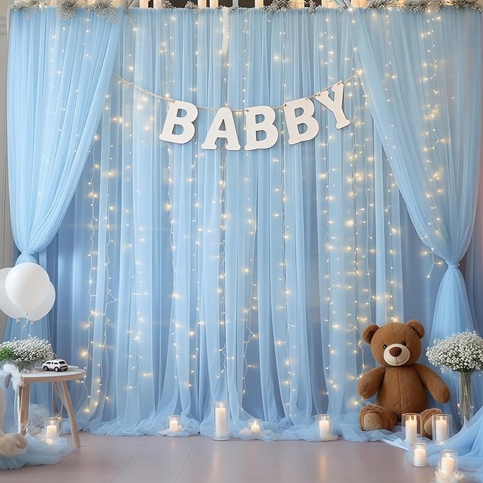 10×10ft Blue Tulle Backdrop Curtain with Lights String for Parties, Sheer Photo Curtain Backdrop Drapes for Wedding Party Photography Backgrounds