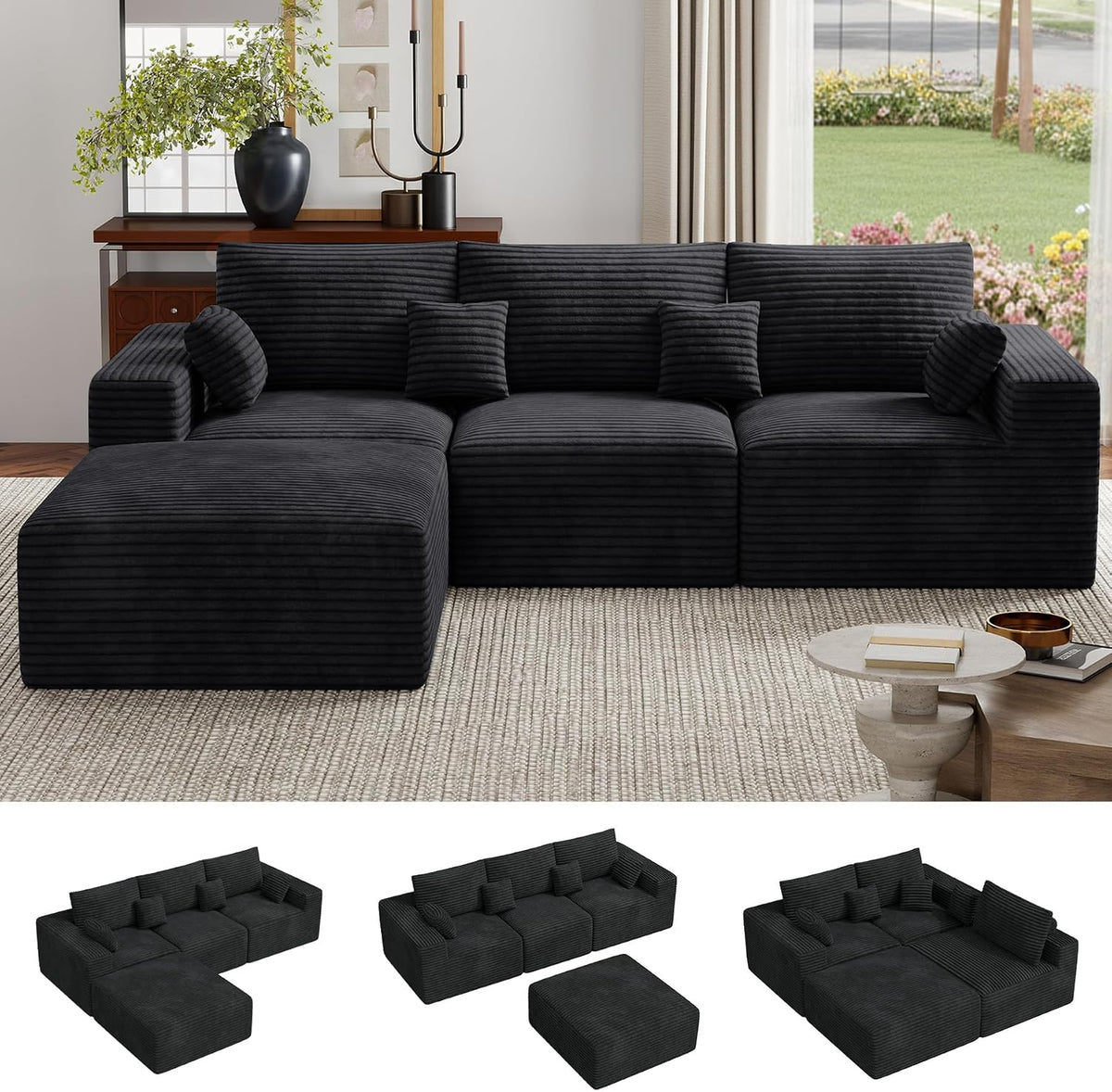 113" L-Shaped Couch, Modern Modular Sectional Sofa with Deep Seat, Convertible Corduroy Cloud Couches for Living Room,Black,1 PCS