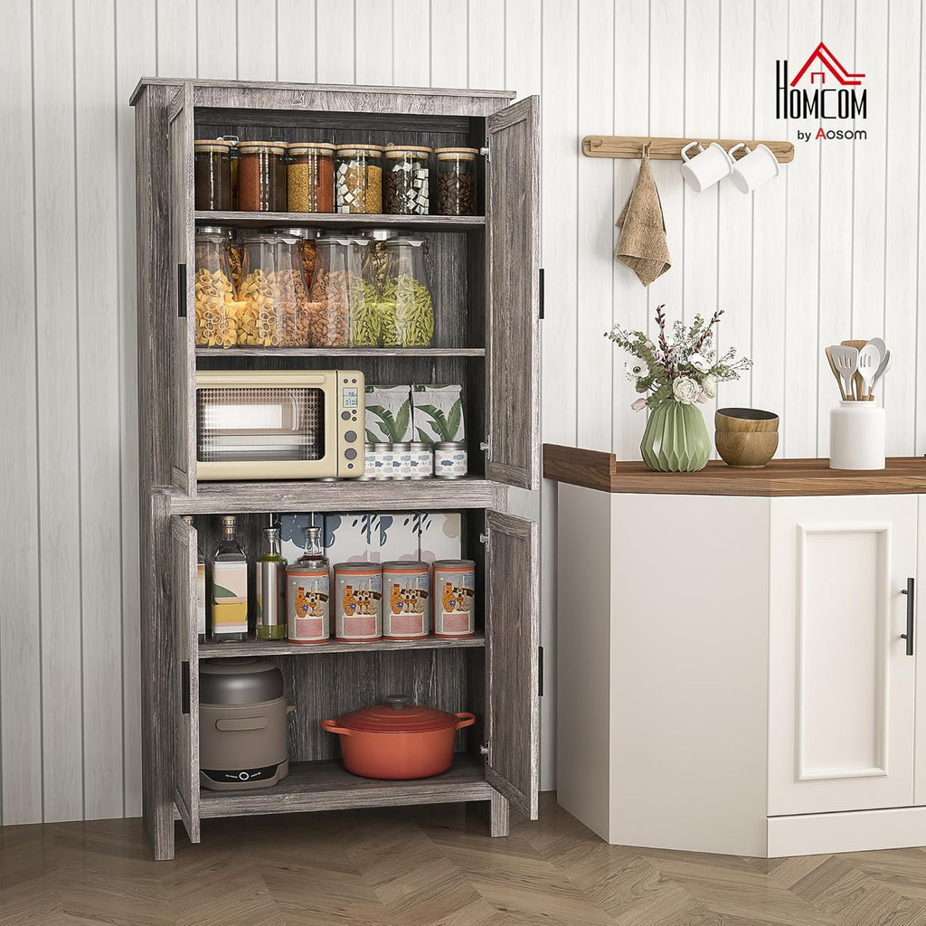 HOMCOM 64" Kitchen Pantry Cabinet, Freestanding Storage Cabinet with 4 Doors and 3 Adjustable Shelves for Dining Room, Gray Oak