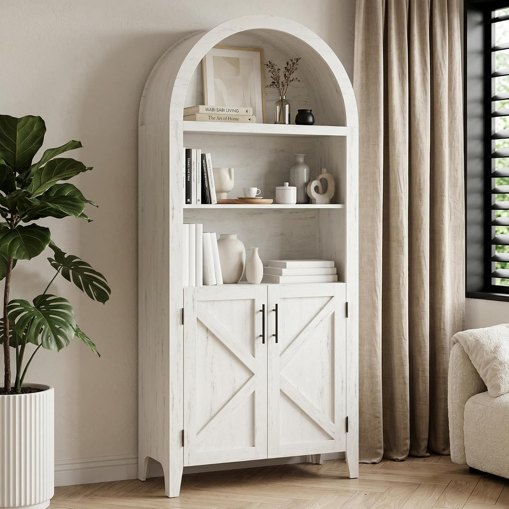Garvee Arched Cabinet with Doors, 5-Tier Kitchen Pantry Cabinet with Adjustable Shelves, Wooden Open Farmhouse Storage Organizer for Kitchen, Dining Room, Living Room, Home Office, White