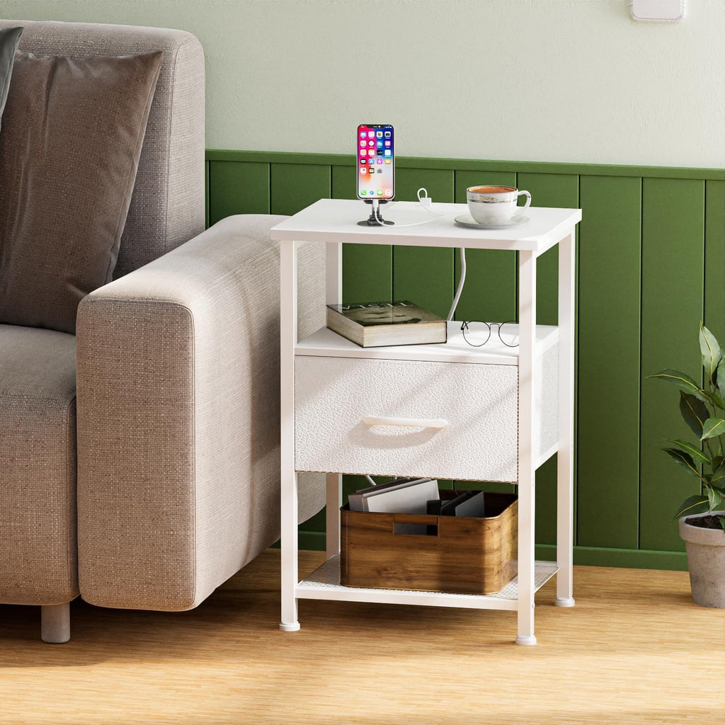 LAKEMID Nightstand with Charging Station,Bedside Table with Fabric Drawer,Bed Side Table with 20 Colors LED Light,Night Stand for Bedroom,White