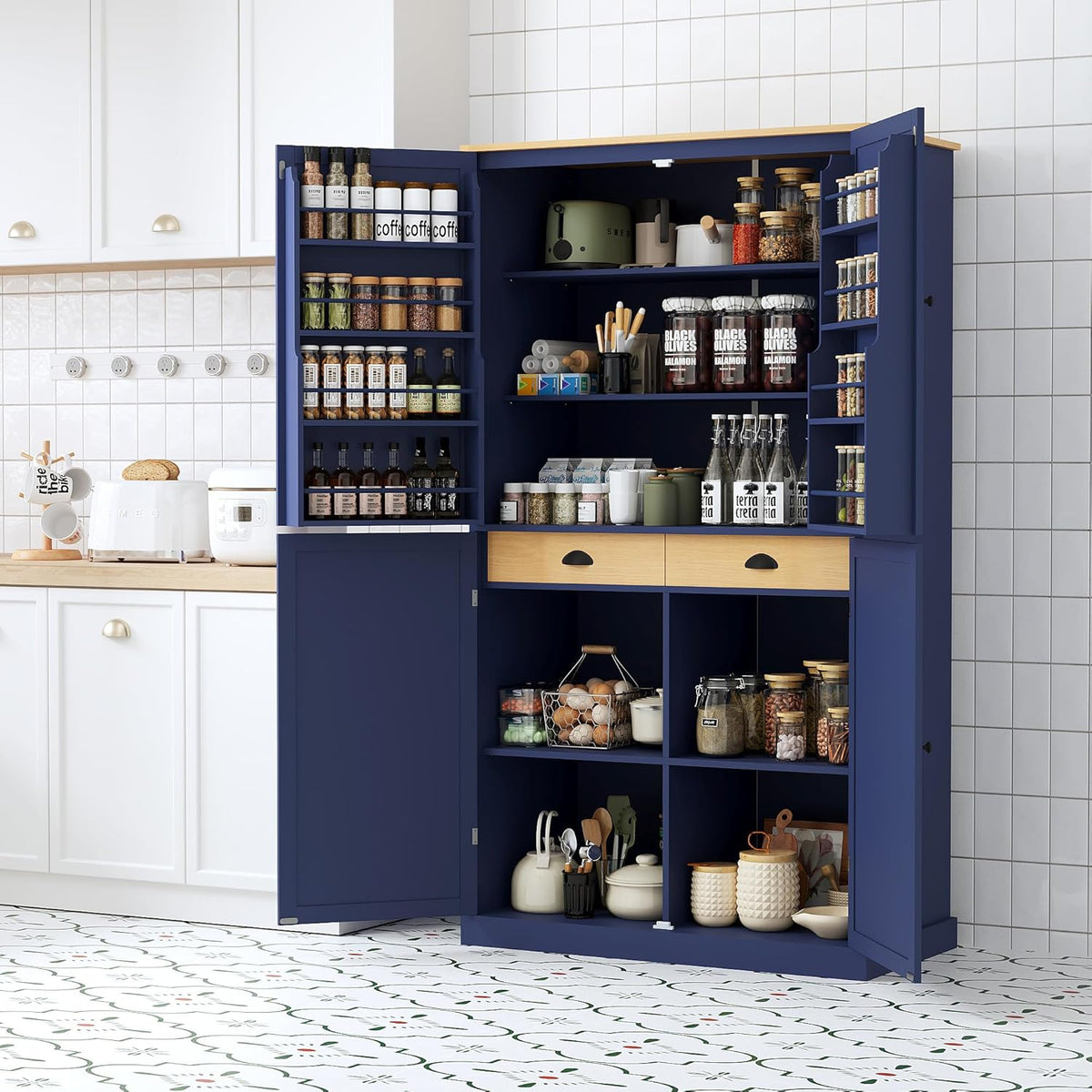 71.3" Freestanding Kitchen Pantry Cabinet with 2 Drawers, 8 Door Shelves & Adjustable Shelves, Large Farmhouse Storage for Kitchen Dining Room, Blue