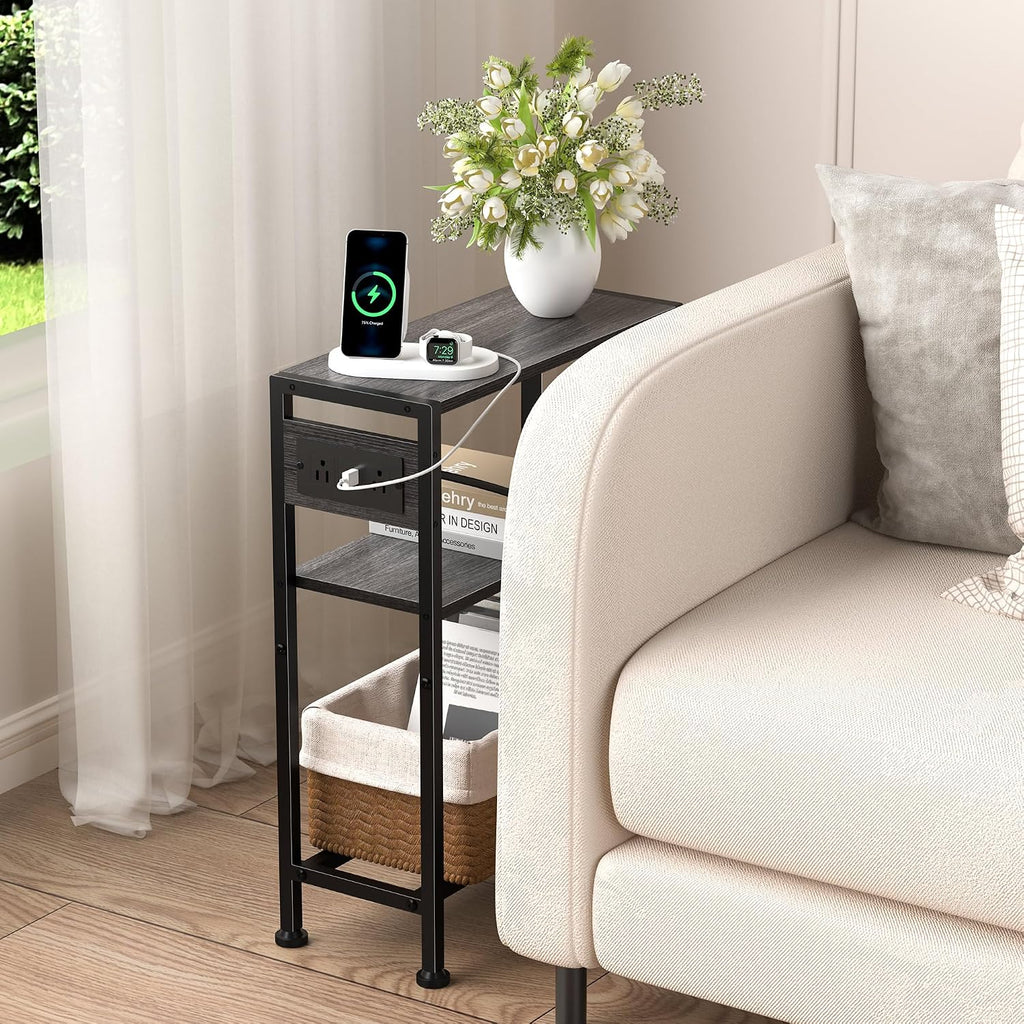 Small Narrow Side Table with Charging Station, Skinny End Table for Small Spaces, Slim Nightstand with Outlets, Sofa Bedside Table in Living Room, Bedroom, Study, Kitchen and Balcony(Grey)